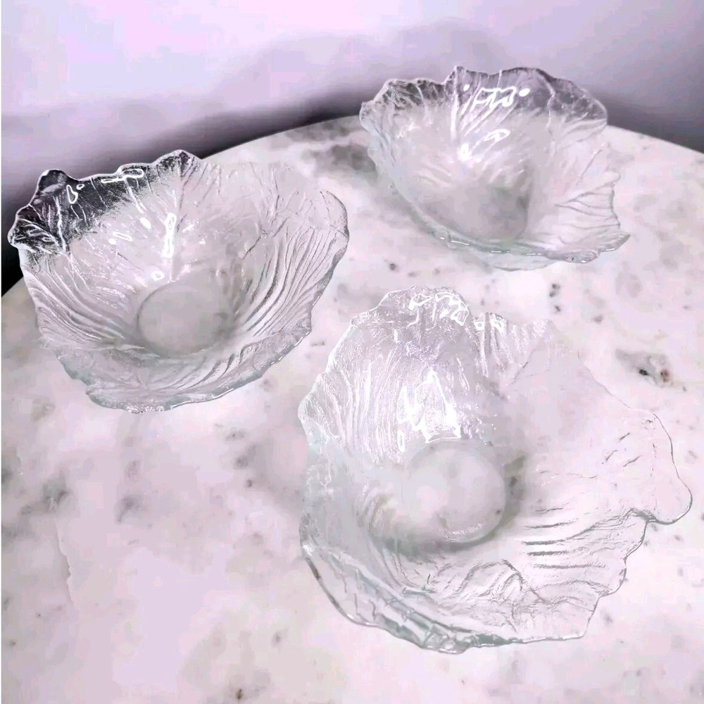 Set 3 Vintage MCM Clear Viking Glass Cabbage Bowls 50s 60s 70s Leaf Salad Bowl